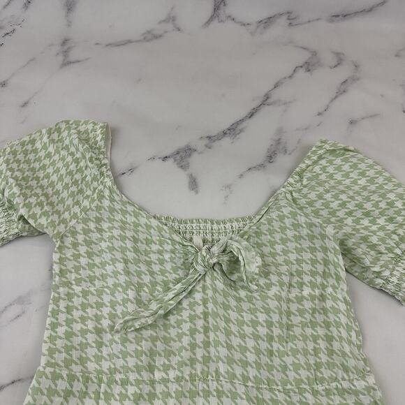 Roxy Houndstooth Midi Dress Size S Mint Green White Puff Sleeve Pastel - Picture 2 of 10